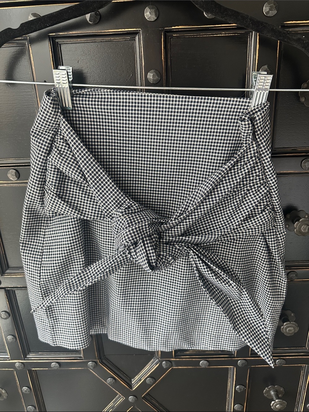 Mango Black & White Gingham Tie-Front Mini Skirt